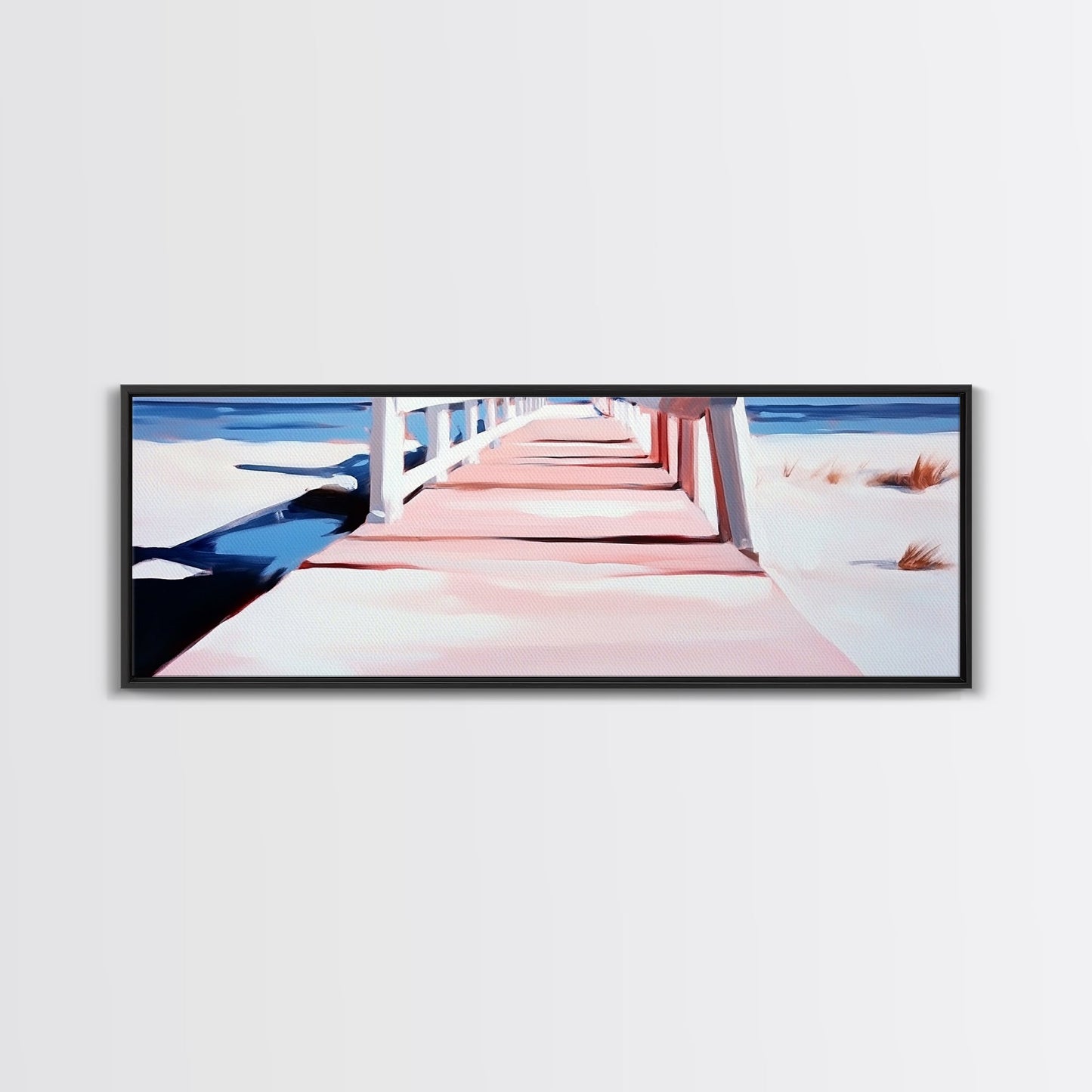 Pink Pier, Beach Walkway, Ocean View, Framed Canvas Print, Coastal Wall Art, Nautical Home Decor, Minimalist Seascape Painting