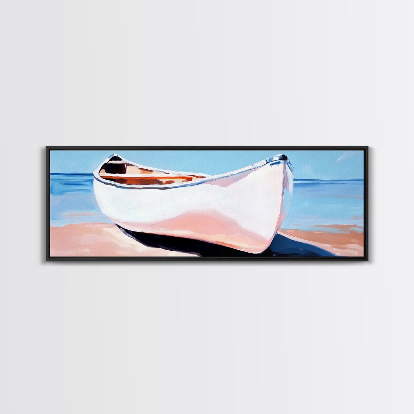 Weißes Kanu, Küstenwandbild, maritime Ästhetik, gerahmter Leinwanddruck, minimalistisches Bootsbild, maritime Kunst für Strandhäuser, Meeresdeko