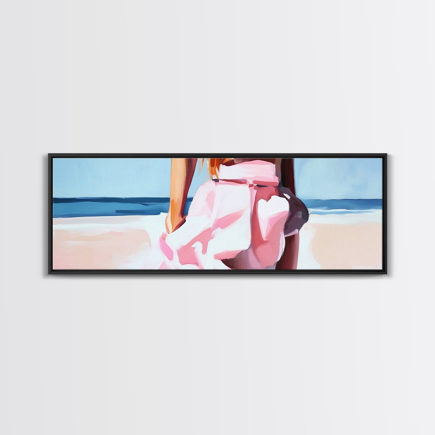 Beach Walk, Soft Waves, Feminine Coastal, Romantic Seascape, Framed Canvas Print, Boho Art, Bedroom Wall Art, Minimalist Aesthetic