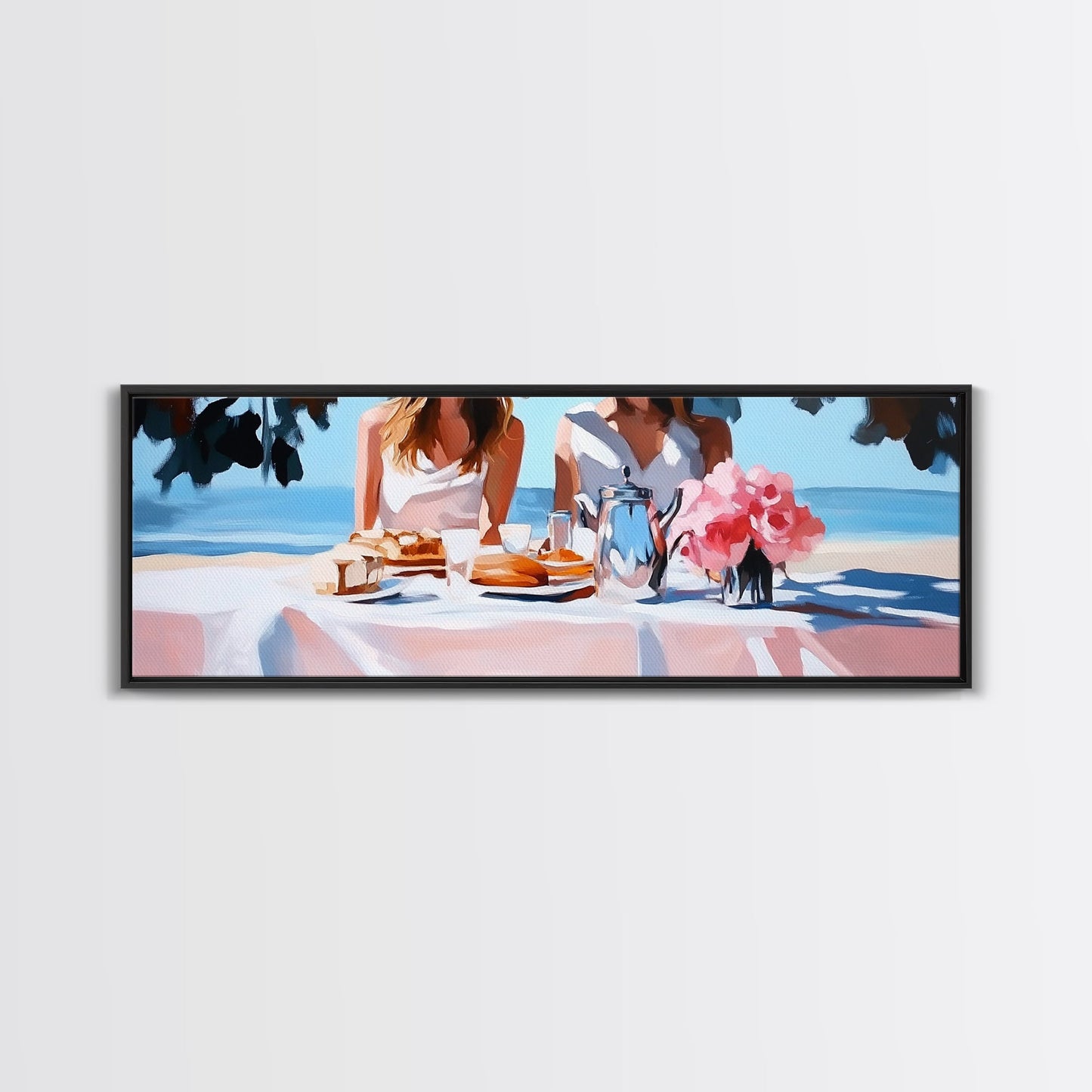 Ocean Picnic, Coastal Dining, Elegant Beach Scene, Pastel Seascape, Canvas Print, Living Room Art, Modern Nautical, Kitchen Wall Art