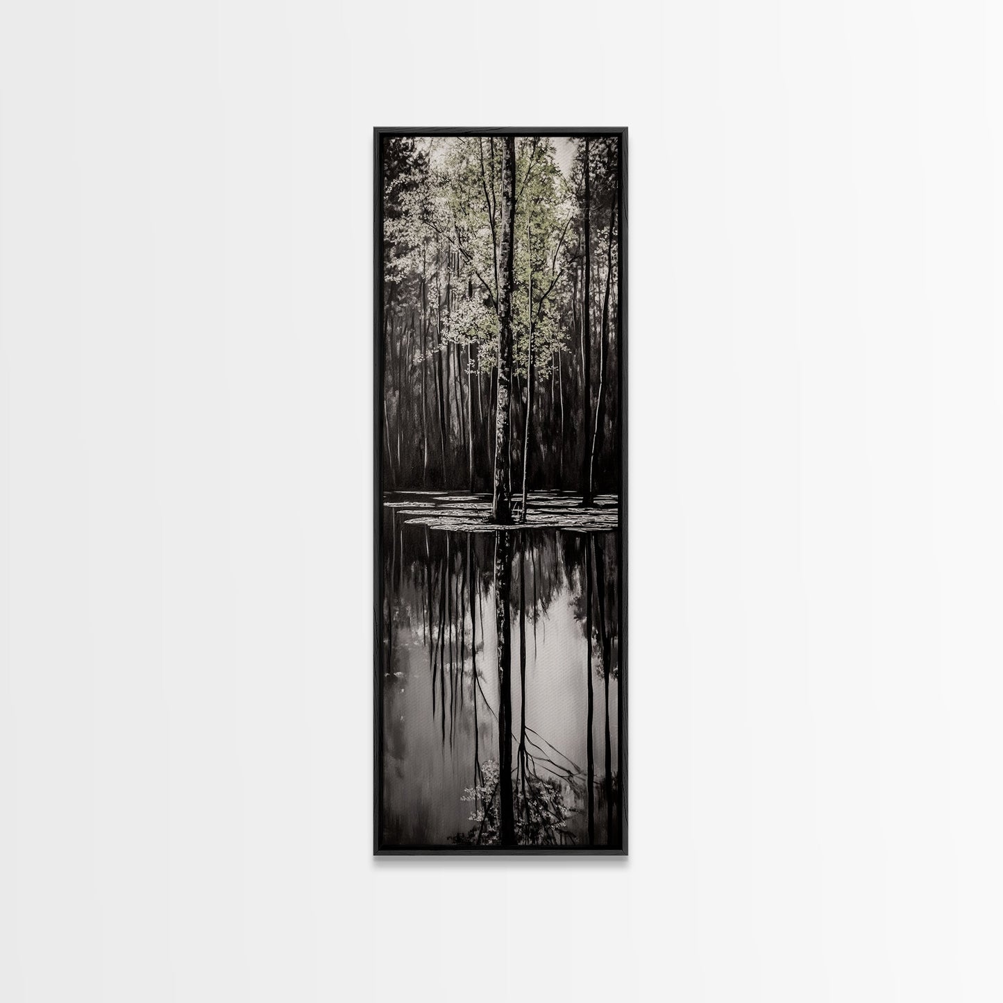 Reflective Trees, Monochrome Forest Painting, Minimalist Nature Art, Framed Canvas Print, Black and White Wall Art, Dining Room Decor