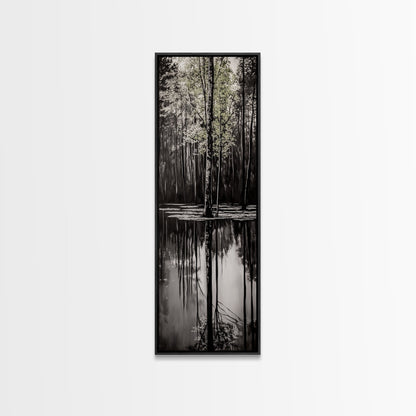 Reflective Trees, Monochrome Forest Painting, Minimalist Nature Art, Framed Canvas Print, Black and White Wall Art, Dining Room Decor