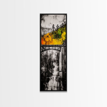 Forest Bridge, Fall Foliage, Rustic Nature Art, Woodland Pathway, Scenic Travel Decor, Living Room Wall Art, Framed Canvas Print