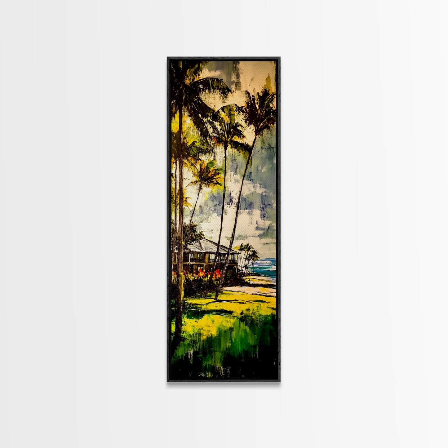 Tropical Landscape Painting, Palm Tree Art, Beach House Wall Decor, Coastal Summer Art, Vibrant Green and Yellow Art, Framed Canvas Print