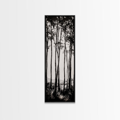 Tall Trees, Monochrome Forest, Tranquil Landscape, Framed Canvas Print, Nature Wall Art, Rustic Cabin Decor, Modern Minimalist Art