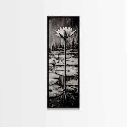 Lotus Bloom, Black and White, Water Lily, Zen Artwork, Framed Canvas Print, Botanical Wall Art, Nature Decor, Serene Living Space