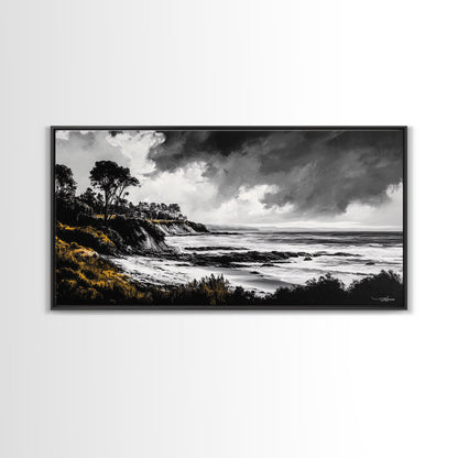 Stormy Coast, Dramatic Sky, Black and White Seascape, Framed Canvas Print, Coastal Wall Art, Large Landscape, Entryway Decor, Moody Art