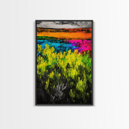 Colorful Prairie, Abstract Fields, Bright Wildflowers, Framed Canvas Print, Vibrant Wall Art, Boho Home Decor, Living Room Statement