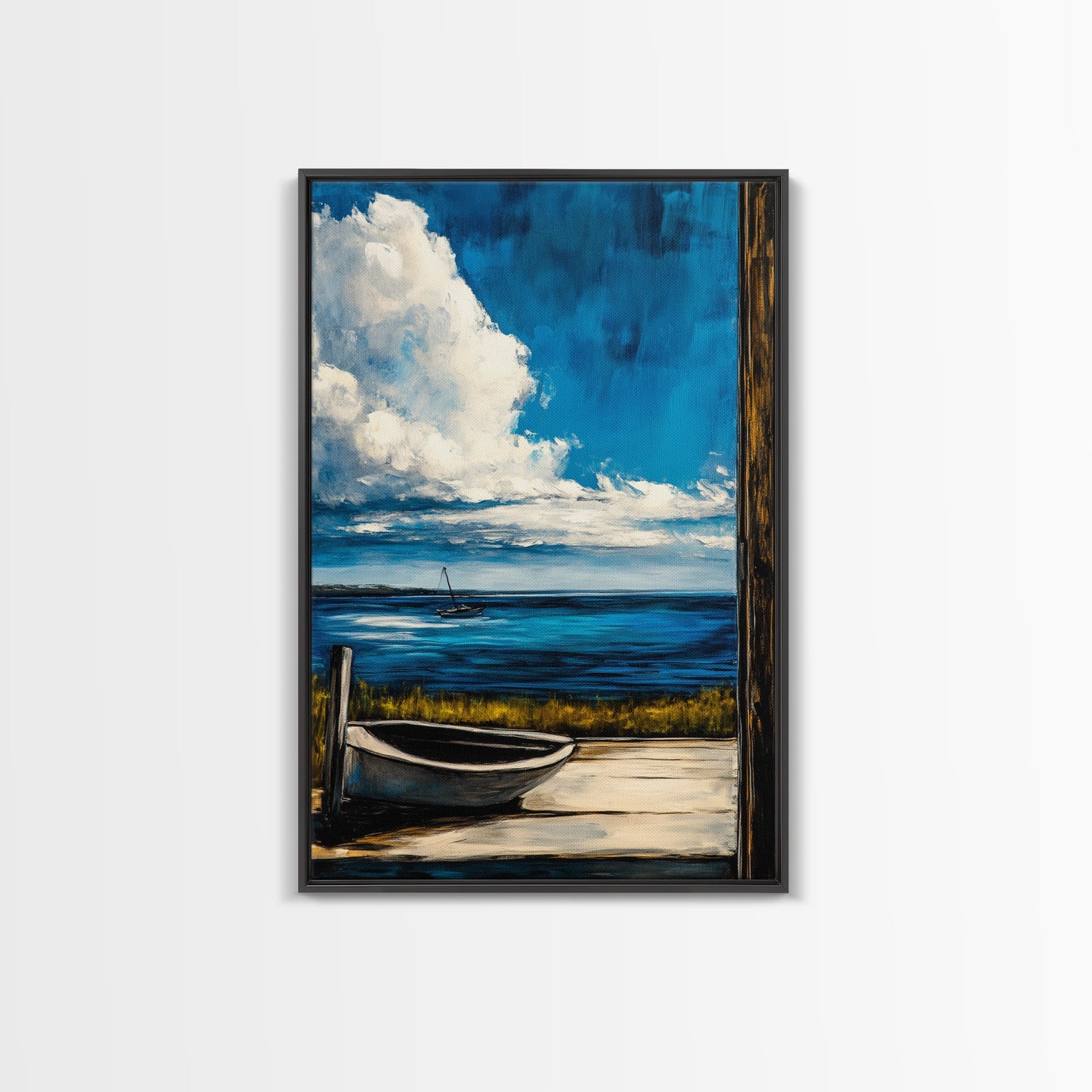 Seaside Serenity, Wooden Dock, Tranquil View, Framed Canvas Print, Ocean Wall Art, Coastal Living, Beach House Decor, Nautical Aesthetic