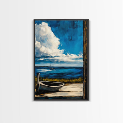 Seaside Serenity, Wooden Dock, Tranquil View, Framed Canvas Print, Ocean Wall Art, Coastal Living, Beach House Decor, Nautical Aesthetic