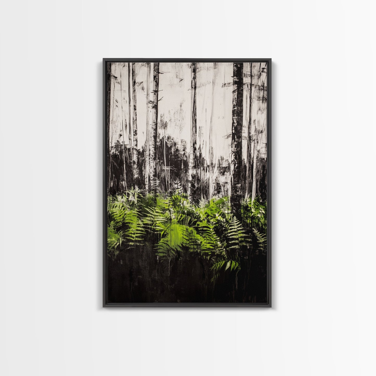 Forest Ferns, Green Botanical Art, Woodland Nature Print, Minimalist Home Decor, Black and White Wall Art, Framed Canvas Print