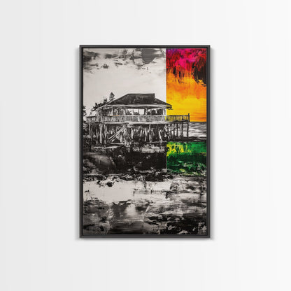 Pier House, Sunset Painting, Coastal Decor, Beach House Art, Framed Canvas Print, Living Room Wall Art, Nautical Theme, Abstract Home Decor
