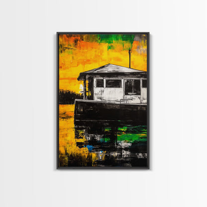 Houseboat Sunset, Coastal Painting, Warm Tones, Abstract Art, Framed Canvas Print, Living Room Wall Art, Waterfront Decor, Ocean Art