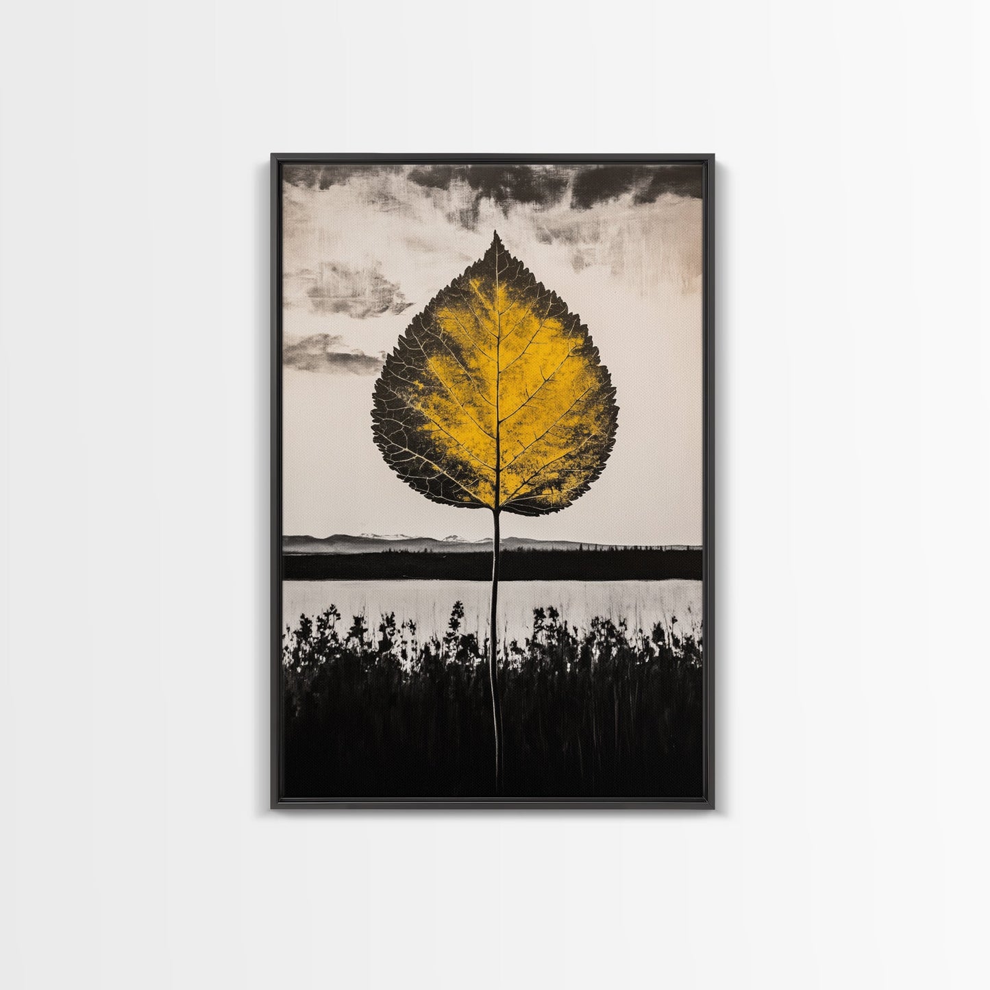 Golden Leaf, Minimalist Nature, Autumn Wall Art, Botanical Decor, Framed Canvas Print, Living Room Art, Black and White, Nature Print
