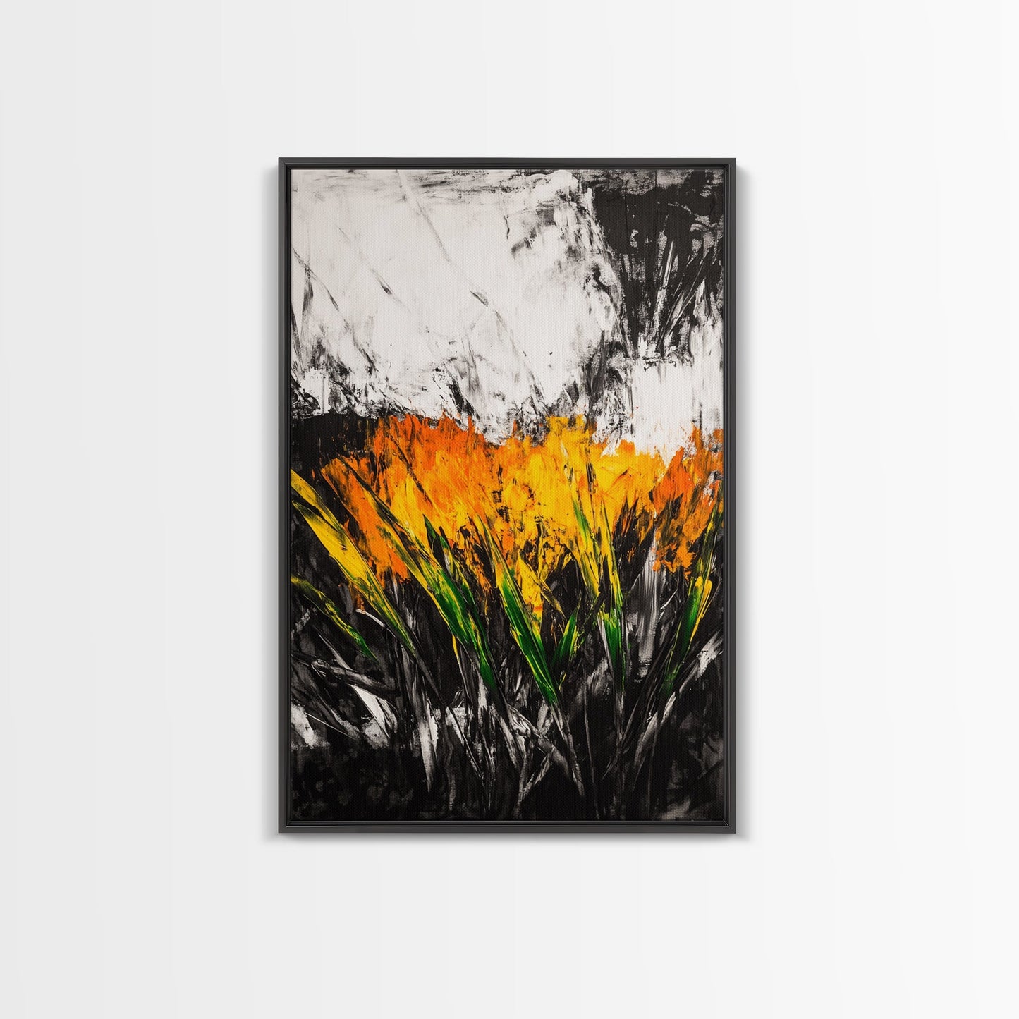 Fiery Wildflowers, Black White Abstract, Nature Art, Floral Painting, Contemporary Living Room Decor, Statement Piece, Canvas Print