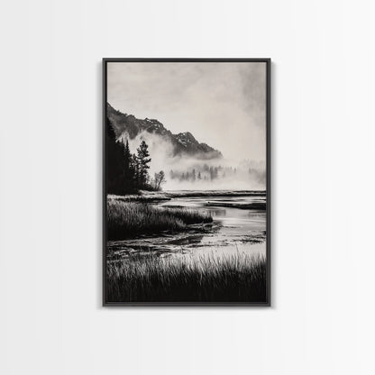 Foggy Forest, Monochrome Wall Art, Nature Landscape, Tranquil Painting, Living Room Decor, Rustic Style, Framed Canvas Print
