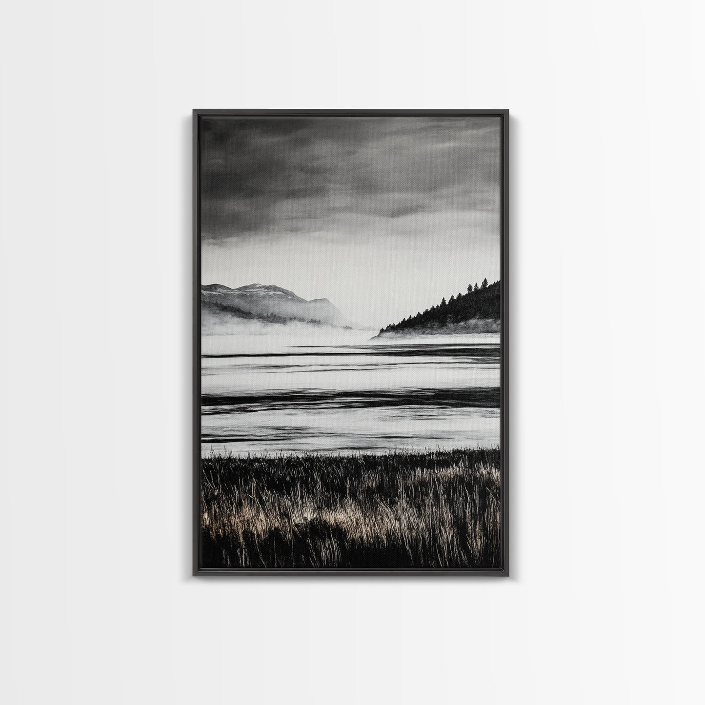 Serene Lake, Black and White Artwork, Misty Mountains, Nature Decor, Minimalist Landscape, Home Office Art, Canvas Print