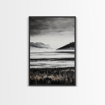 Serene Lake, Black and White Artwork, Misty Mountains, Nature Decor, Minimalist Landscape, Home Office Art, Canvas Print