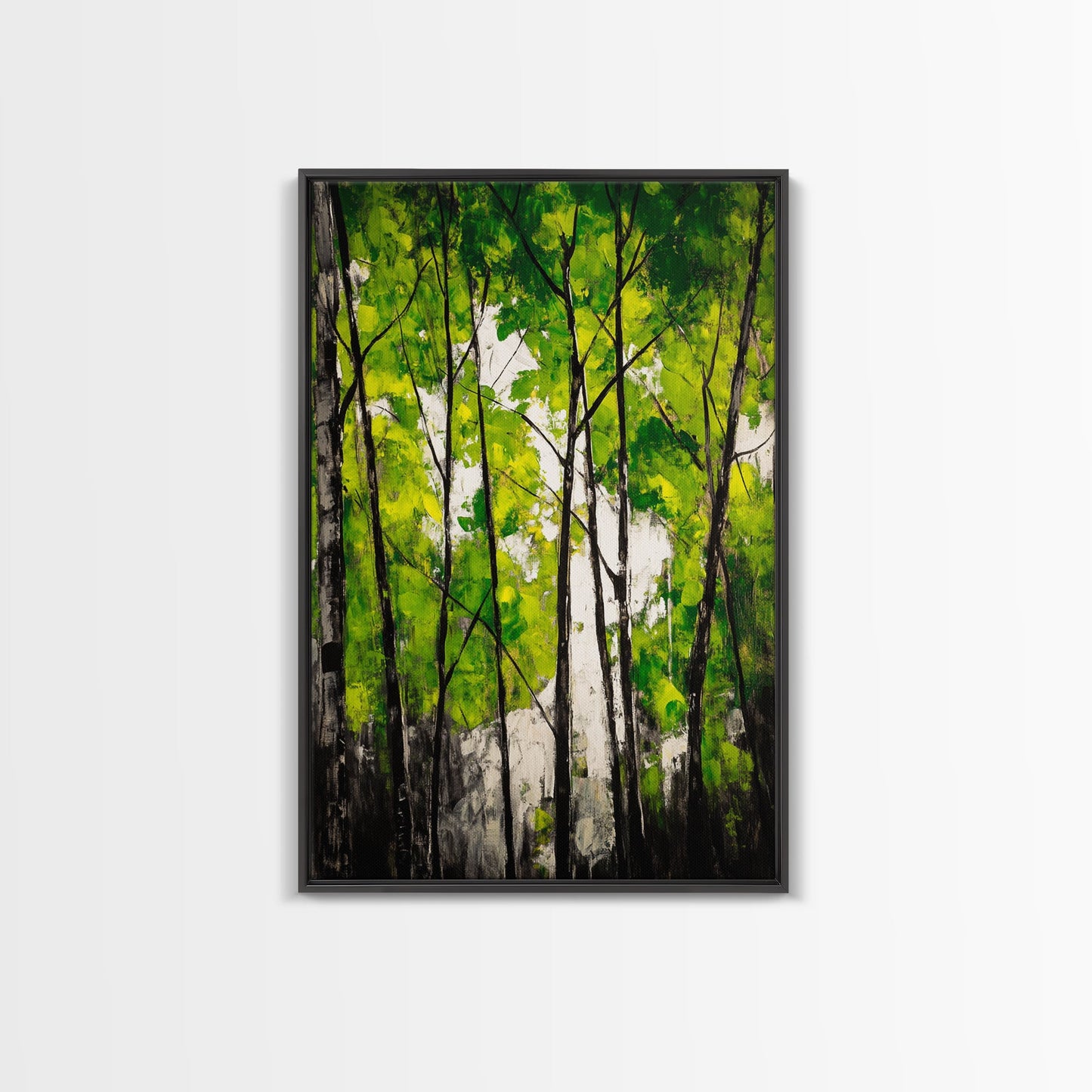 Birch Trees, Green Forest Art, Nature Landscape, Abstract Painting, Contemporary Wall Decor, Earthy Home Art, Framed Canvas Print