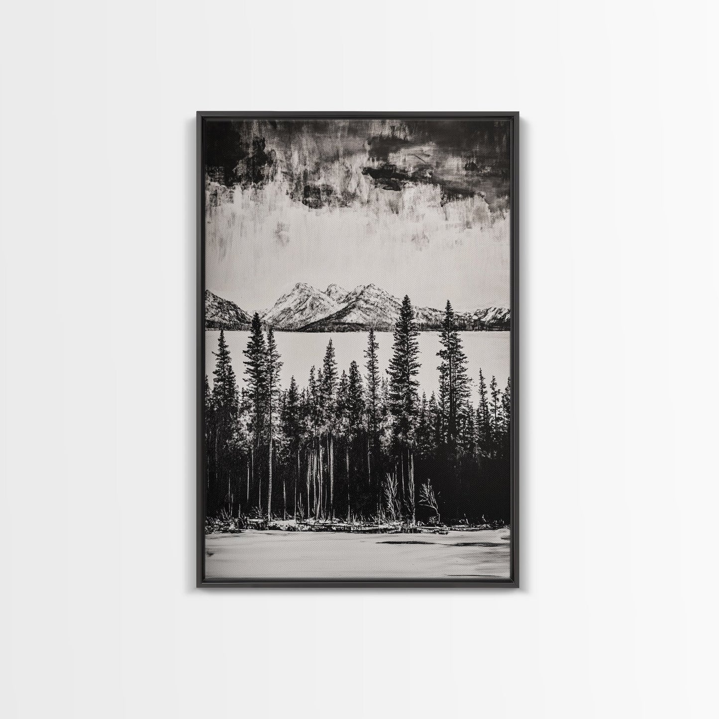 Mountain Serenity, Black and White Landscape, Nature Art, Tranquil Home Decor, Minimalist Painting, Office Artwork, Framed Canvas Print