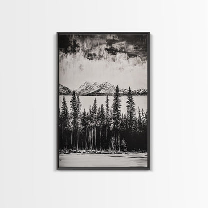 Mountain Serenity, Black and White Landscape, Nature Art, Tranquil Home Decor, Minimalist Painting, Office Artwork, Framed Canvas Print