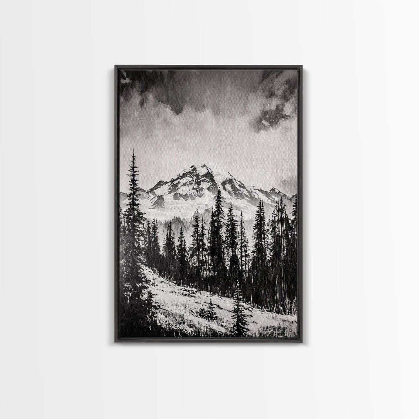 Snowy Peak, Mountain Landscape, Monochrome Art, Winter Wall Art, Nature Inspired, Rustic Wall Decor, Large Wall Art, Framed Canvas Print