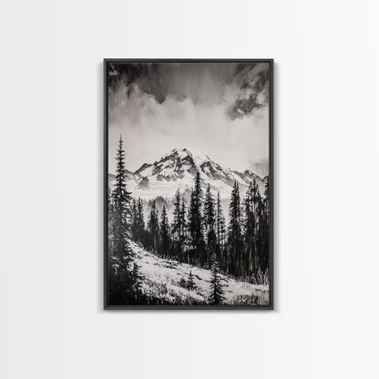 Snowy Peak, Mountain Landscape, Monochrome Art, Winter Wall Art, Nature Inspired, Rustic Wall Decor, Large Wall Art, Framed Canvas Print