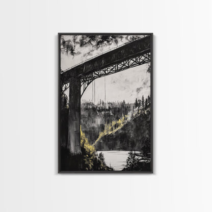 Steel Bridge, Industrial Wall Art, Black and White Landscape, Cityscape Art, Rustic Metal, Loft Style, Office Wall Art, Framed Canvas Print