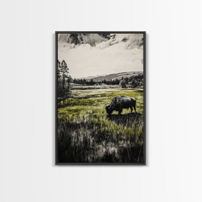 Grazing Bison, Wildlife Art, Rustic Home Decor, Nature Inspired, Western Landscape, Monochrome Art, Cabin Wall Art, Framed Canvas Print