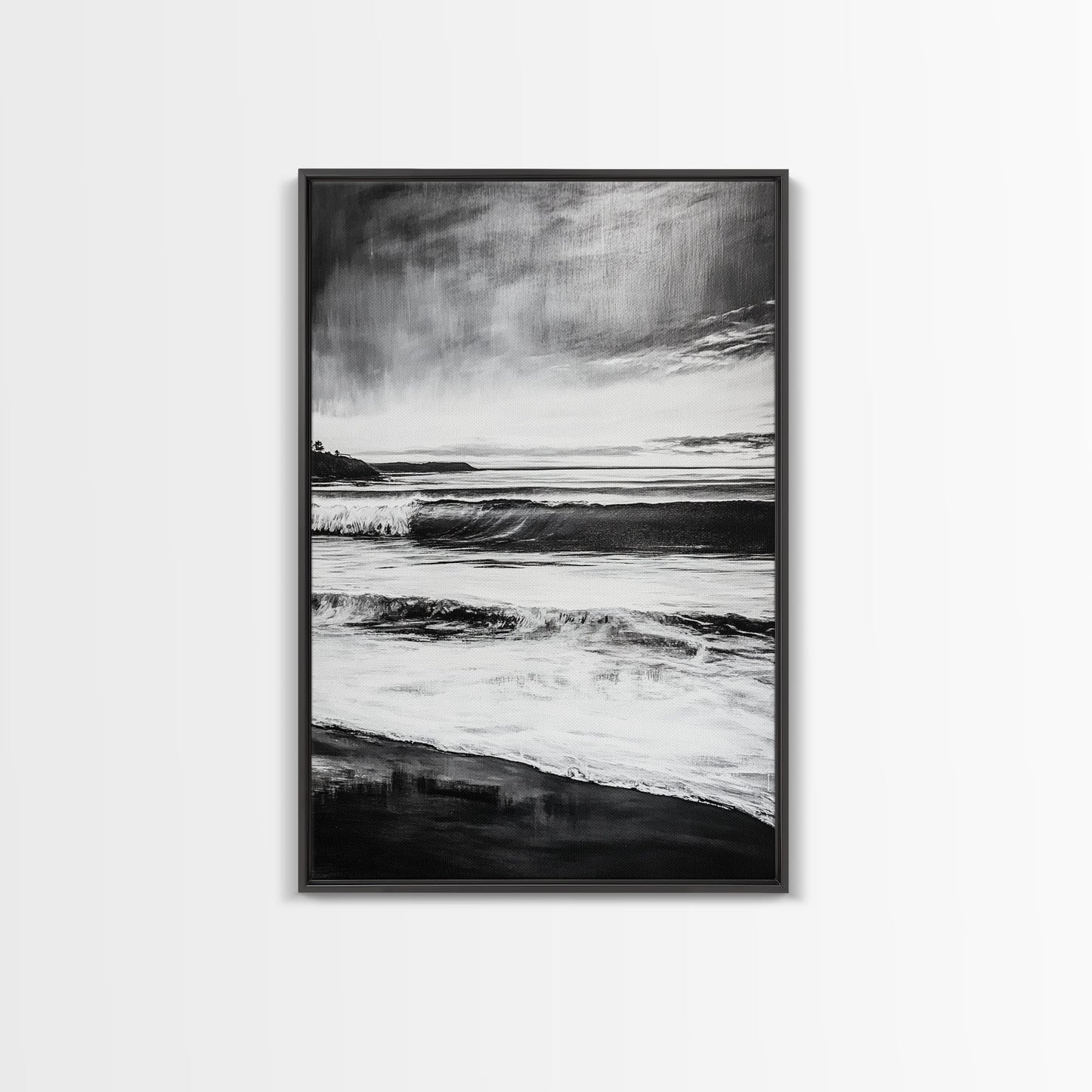 Black and White Waves, Ocean Painting, Dramatic Coastline, Minimalist Art, Framed Canvas Print, Modern Seascape, Contemporary Wall Art