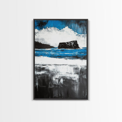 Ocean Cliff Seascape, Moody Coastal Art, Black White Blue Water, Modern Minimalist Wall Decor, Nautical Home Gift, Framed Canvas Print
