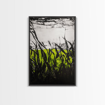 Minimalist Grass Field, Black White Green Nature Art, Abstract Farmhouse Wall Decor, Modern Simple Landscape, Framed Canvas Print