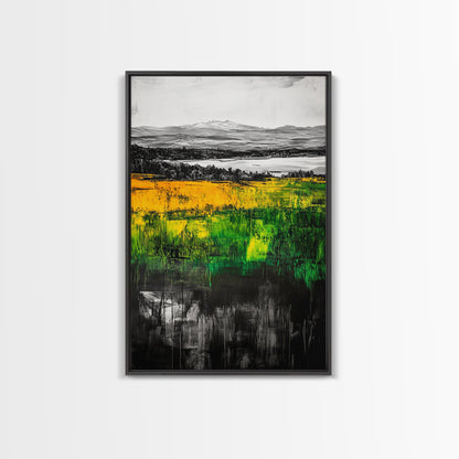 Mountain View, Golden Fields, Lakeside Horizon, Framed Canvas Print, Rustic Landscape, Nature Wall Art, Modern Farmhouse