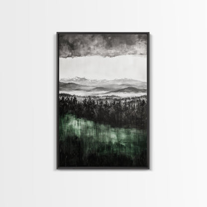 Misty Mountains, Moody Wall Art, Rustic Home Decor, Cabin Wall Art, Neutral Aesthetic, Black and White, Framed Canvas Print