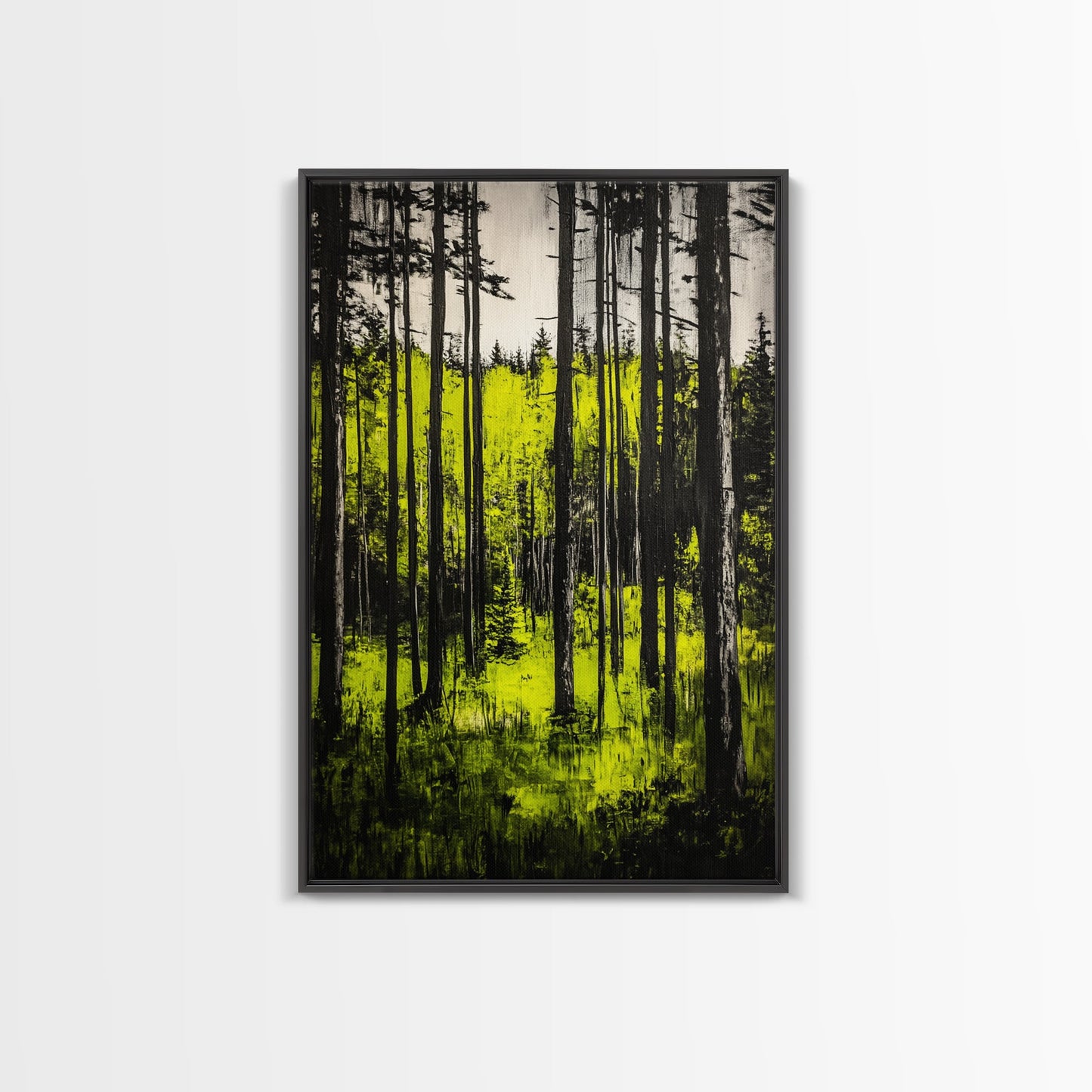 Forest Sunlight, serene nature painting, lush green forest, peaceful landscape wall art, calming home decor, framed canvas print, cabin art
