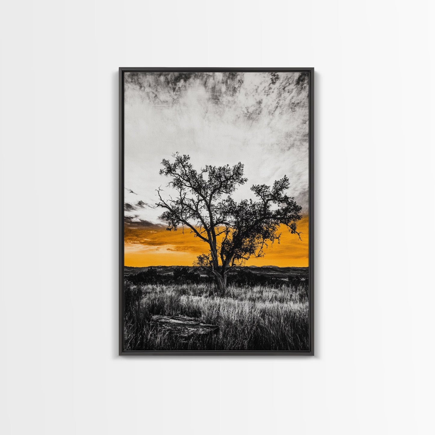 Lone Tree Sunset, dramatic landscape print, fall sunset art, rustic countryside decor, warm autumn painting, framed canvas print, hallway