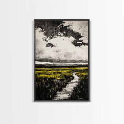 Field Pathway, dreamy landscape painting, country road art, scenic nature wall decor, calming yellow tones, framed canvas print, entryway