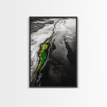 Abstract River, Nature Landscape, Modern Wall Art, Monochrome Print, Green Accents, Contemporary Art, Framed Canvas Print, Office Wall Decor