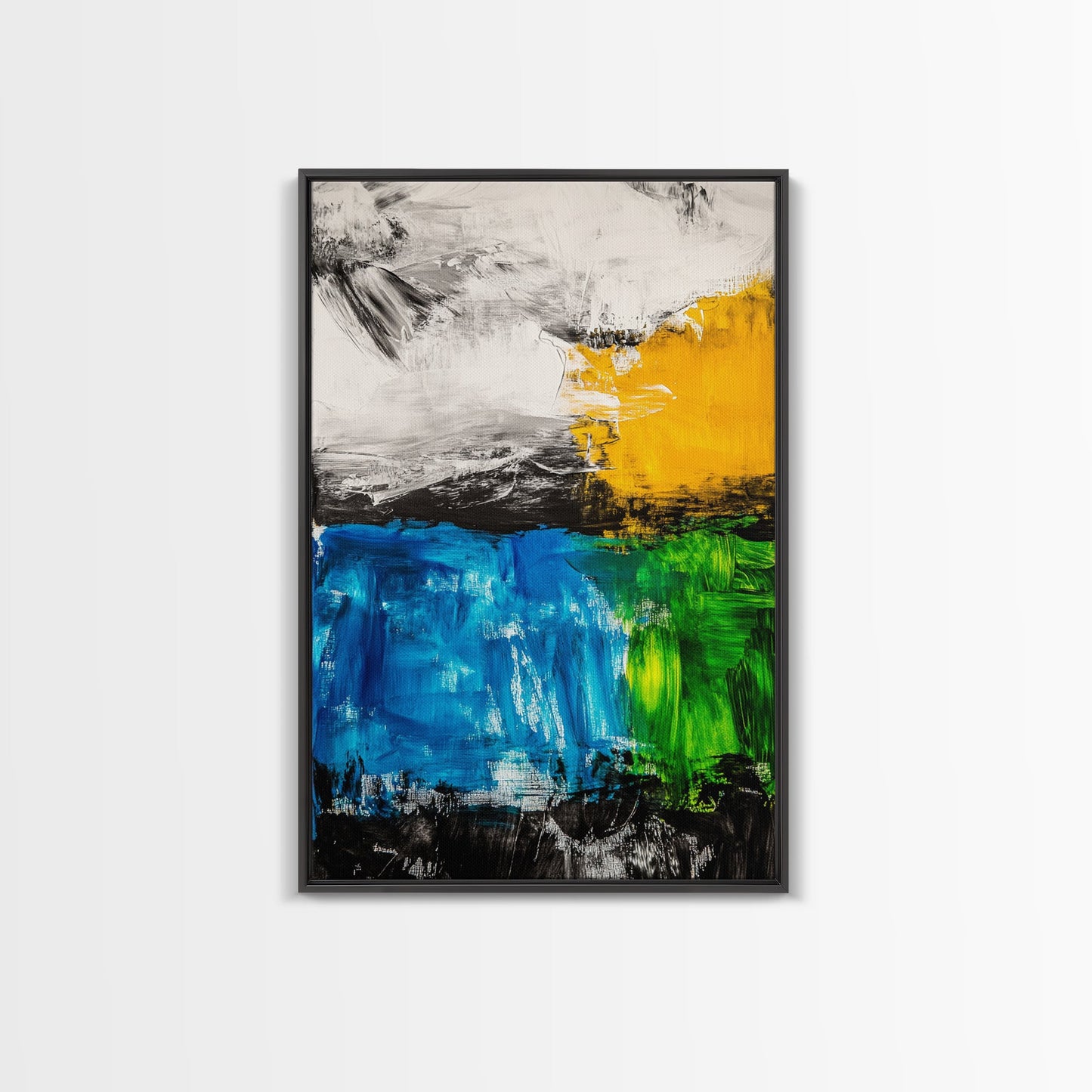 Abstract Landscape, Blue and Yellow Modern Painting, Minimalist Nature Art, Framed Canvas Print, Living Room or Office Wall Decor