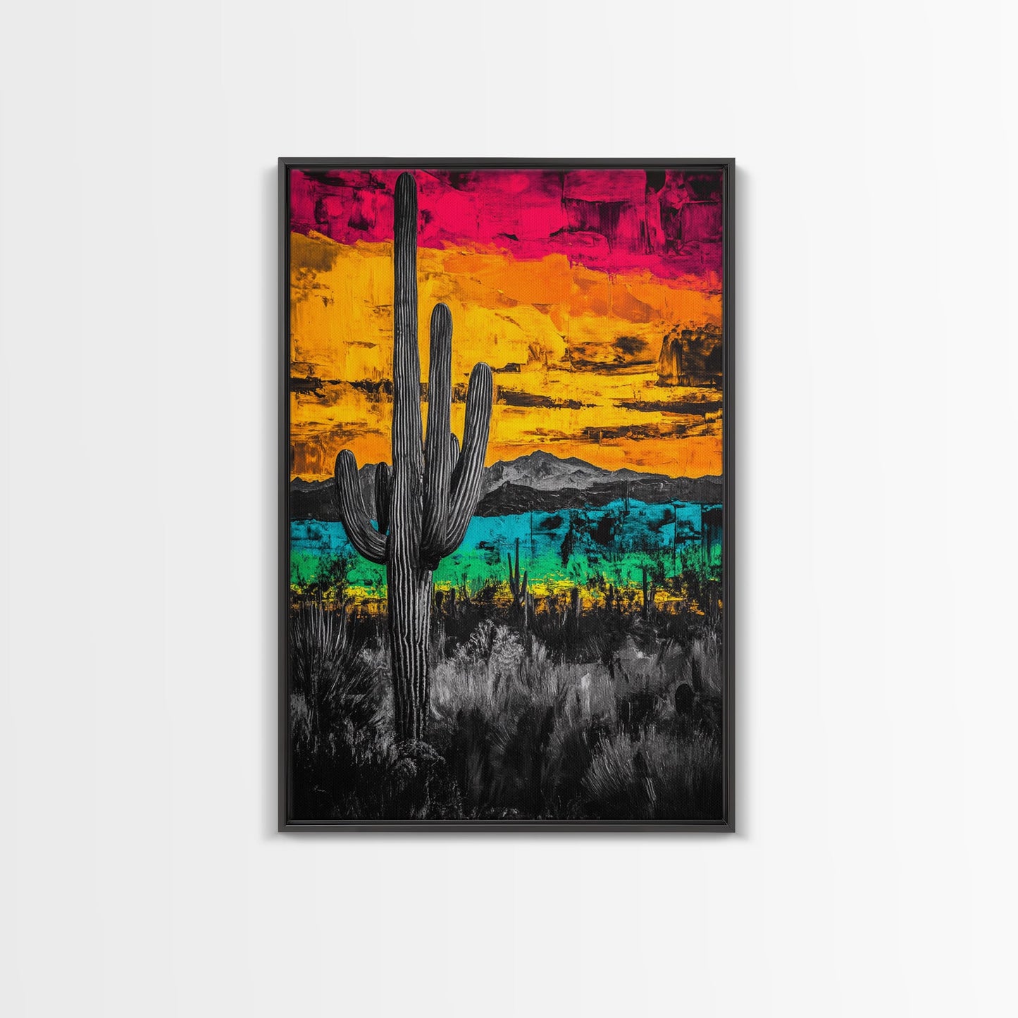 Desert Cactus, Vibrant Sunset Southwest Painting, Bold Desert Art, Framed Canvas Print, Western Home or Office Wall Decor
