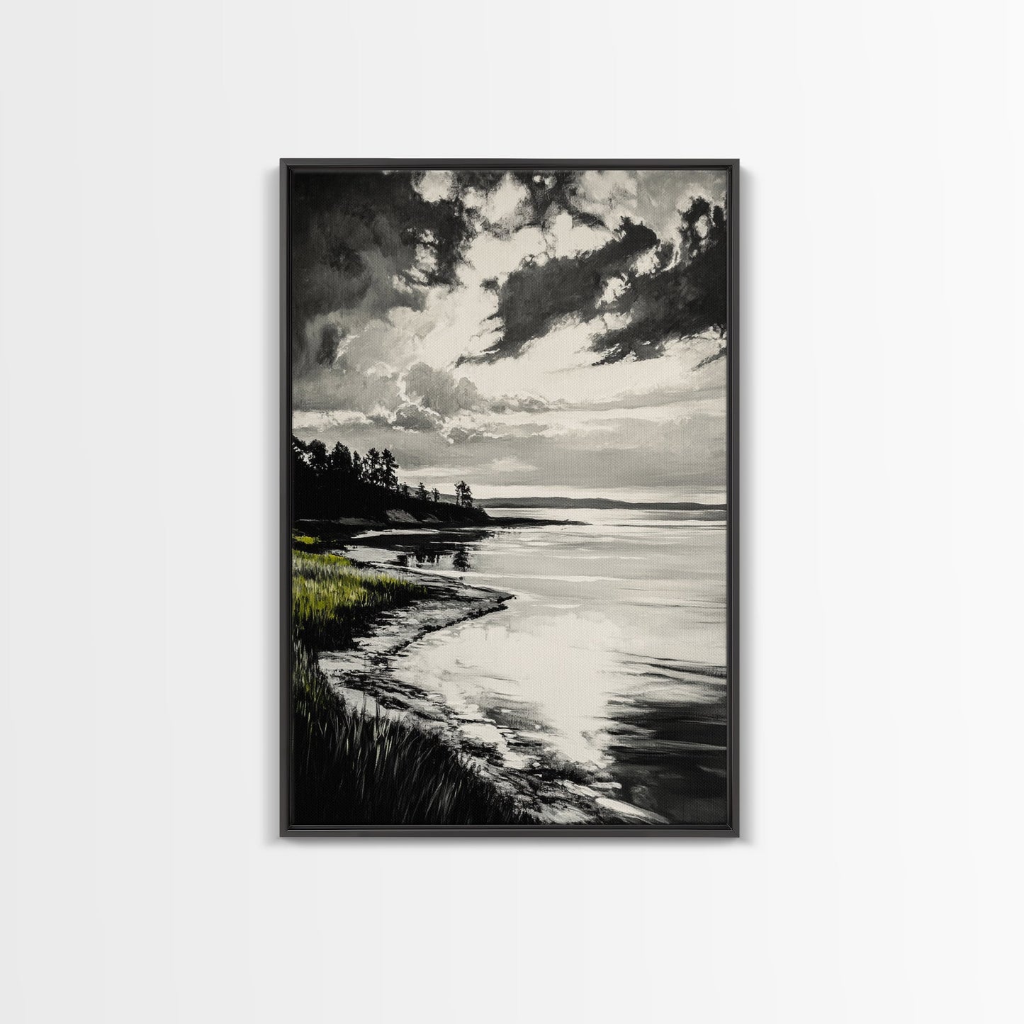 Moody Landscape, Black and White Art, Dramatic Sky, Coastal Scene, Nature Painting, Modern Home Decor, Minimalist Style, Framed Canvas Print
