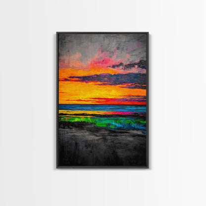 Sunset Glow, Vibrant Landscape, Nature Art, Framed Canvas Print, Dramatic Sky Painting, Fall Home Decor, Large Wall Art, Beach Scene