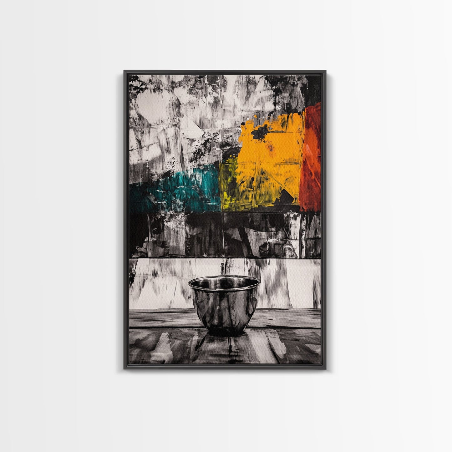 Metal Bowl, Industrial Kitchen Art, Abstract Still Life, Black and White Wall Decor, Modern Framed Canvas Print, Minimalist Aesthetic