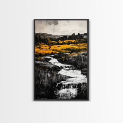 Golden Meadow, Nature Landscape, Rustic Wall Art, Framed Canvas Print, Country Farmhouse Decor, Waterfall Painting, Fall Vibes