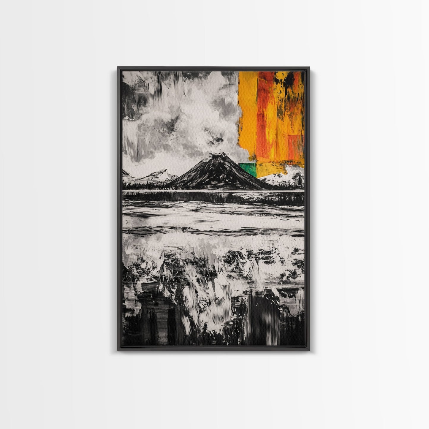 Volcano Landscape, Abstract Nature Art, Bold Modern Painting, Framed Canvas Print, Monochrome Mountains, Adventure Wall Decor