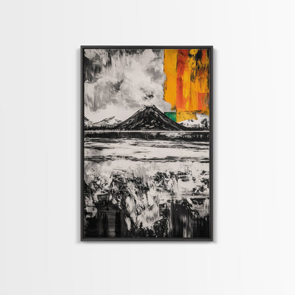Volcano Landscape, Abstract Nature Art, Bold Modern Painting, Framed Canvas Print, Monochrome Mountains, Adventure Wall Decor