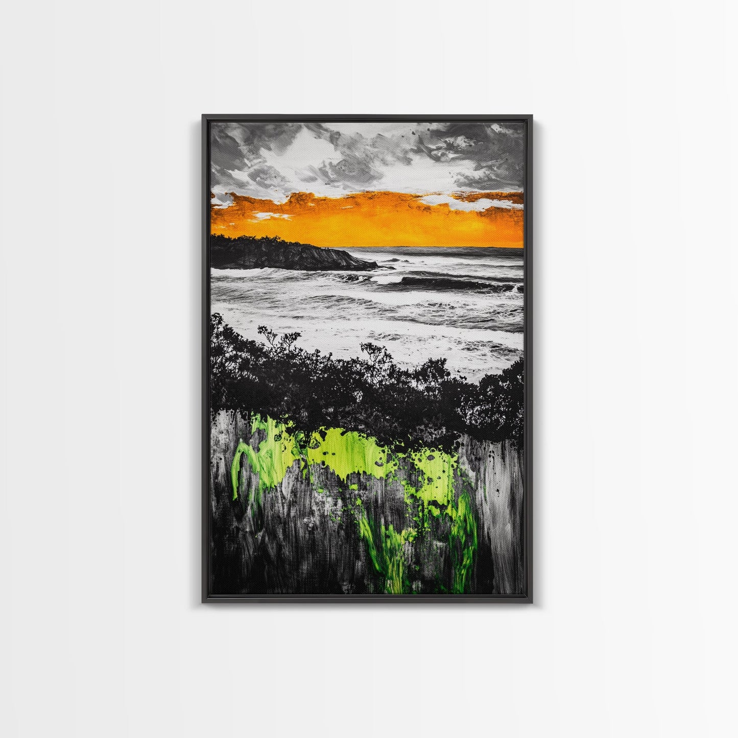 Sunset Ocean, Coastal Wall Art, Black White Seascape, Framed Canvas Print, Beach House Decor, Dramatic Sky, Nautical Artwork