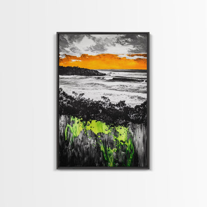 Sunset Ocean, Coastal Wall Art, Black White Seascape, Framed Canvas Print, Beach House Decor, Dramatic Sky, Nautical Artwork