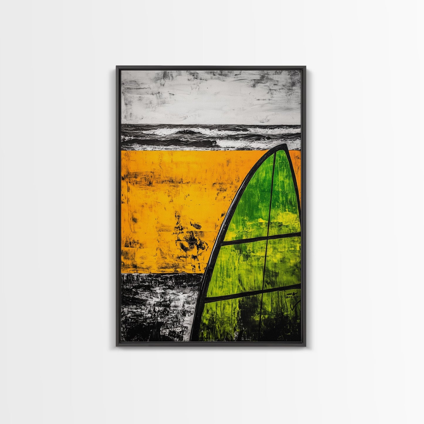 Yellow Beach, Sailboat Art, Nautical Decor, Coastal Wall Art, Framed Canvas Print, Ocean Waves, Living Room Art, Bold Abstract Style