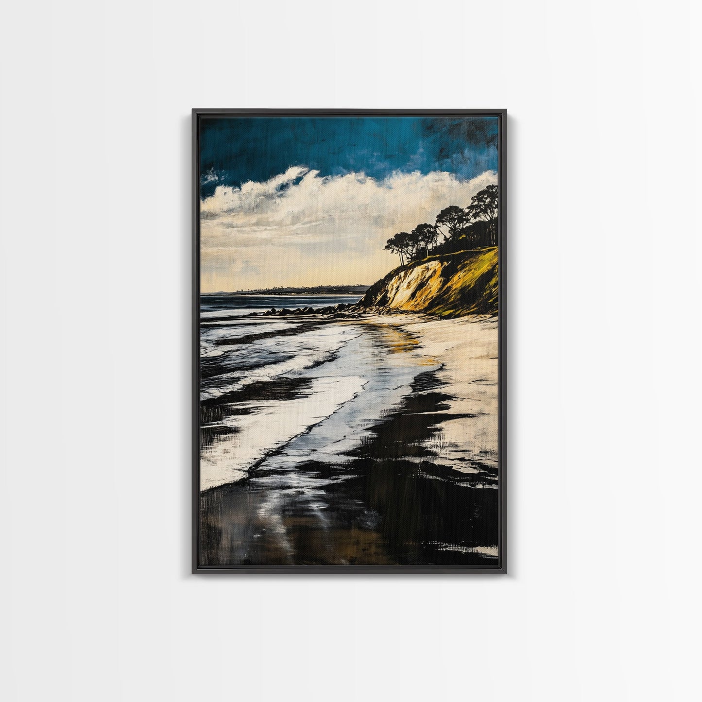 Sunset Beach, Cliffside View, Ocean Landscape, Nature Wall Art, Framed Canvas Print, Coastal Home Decor, Golden Hour, Serene Scene
